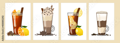 Various autumn winter hot drinks - lemon tea, rum punch, hot chocolate, latte coffee in tall glasses. Vector illustration of four cards