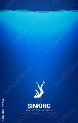 silhouette of businesswoman sinking down in water. Concept for fail and accidental business