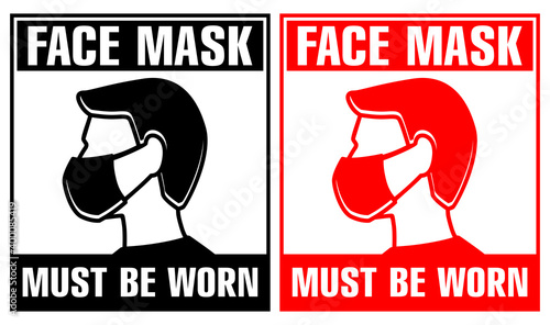 Doors sign Face mask required. Protective face mask must be worn. Warning signage for restaurant, cafe and retail business. Illustration, vector on transparent background