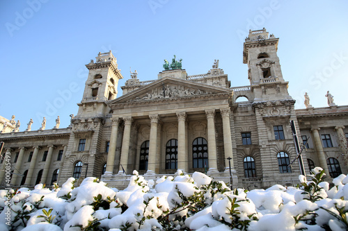 View of the ethnographic museum in Budapest in winter. Snow in Budapest. Soon New Year and Christmas.