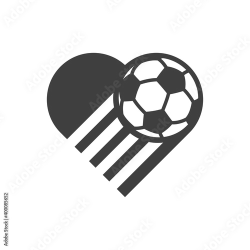 I love soccer. I love football. Logotipo corazón con balón de fútbol con lineas de movimiento en color gris