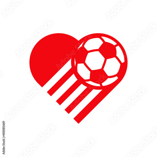 I love soccer. I love football. Logotipo corazón con balón de fútbol con lineas de movimiento en color rojo