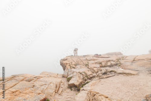 Rock Climber in the Fog at the Edge of a Cliff