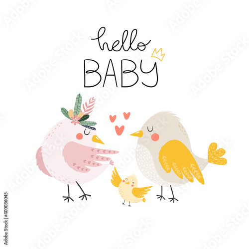 Cute isolated vector birds with flowers. Bird family. Hello baby lettering. Can be used for Baby shower invitation card, Nursery poster. Lovely loving family with a baby. Gentle colors. 
