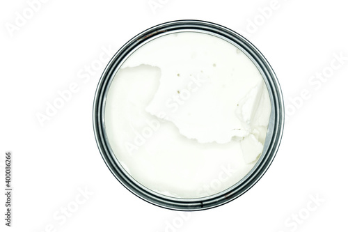 Coconut milk in can isolated on white background top view