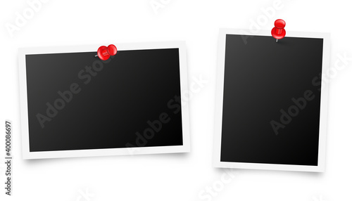 Realistic blank photo card frame, film set. Retro vintage photograph with red push pins. Digital snapshot image. Template or mockup for design. Vector illustration.