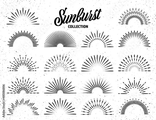 Vintage grunge sunburst collection. Bursting sun rays. Fireworks. Logotype or lettering design element. Radial sunset beams. Vector illustration.