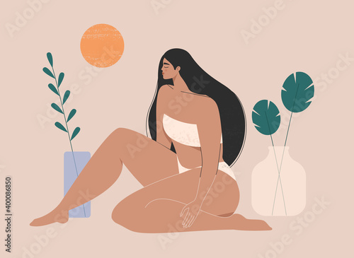 Woman beauty, wellness, feminine concept. Trendy abstract illustration of a woman with a beautiful body in swimsuit sitting and sunbathing. Isolated flat vector art for cosmetics, beauty products