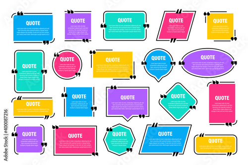 Set of colorful isolated quote frames. Speech bubbles with quotation marks. Blank text box and quotes. Blog post template. Vector illustration.