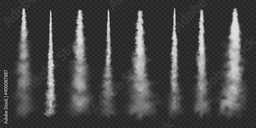 Realistic airplane condensation trails. Space rocket launch. Missile or bullet trail. Jet aircraft tracks. White smoke clouds, fog. Steam flow. Vector illustration.