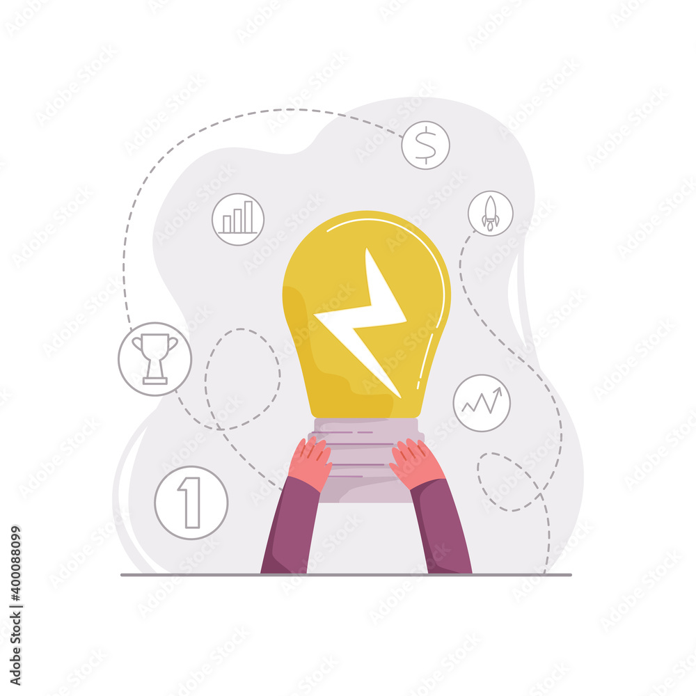 Fototapeta premium Vector illustration concept thinking differently, idea, discoveries, competition, creativity. Hands holding burning lamp against background abstract symbols victory, growth, money, etc.