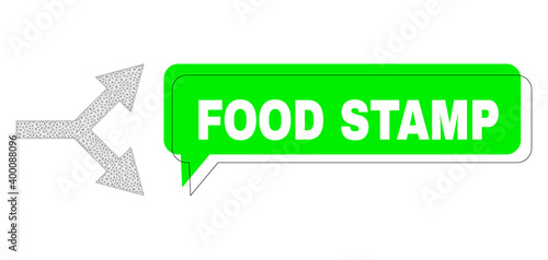 Misplaced Food Stamp green chat dialof shape and bifurcation arrow right wireframe structure. Vector flat bifurcation arrow right, built from flat mesh.