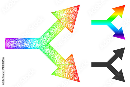 Spectrum vibrant net bifurcation arrow right, and solid spectrum gradient bifurcation arrow right icon. Hatched frame flat net geometric symbol based on bifurcation arrow right icon,