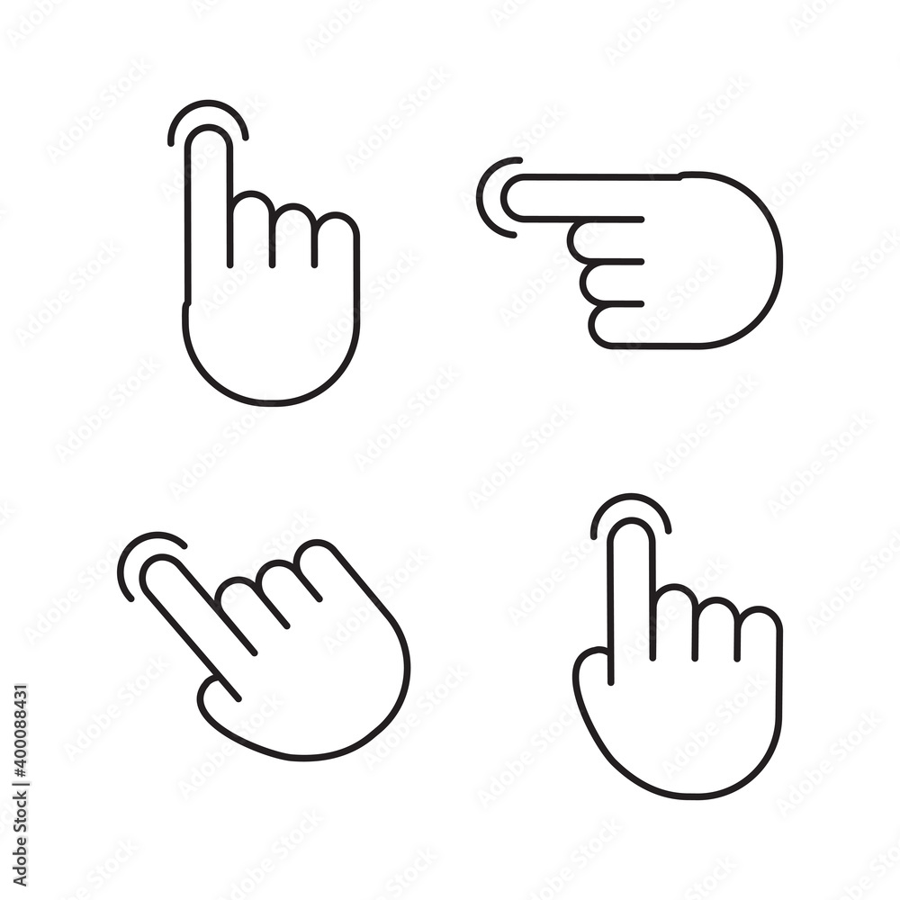Gesture touch screen icons. Finger click, tap on button. Touchscreen technology. Vector Gesture touch screen icons. Finger click, tap on button. Touchscreen technology. Vector