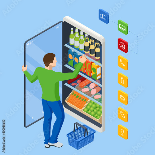 Isometric Grocery Supermarket, Food and Eats Online Buying and Delivery. E-commerce concept order food online website. Health food delivery online service.