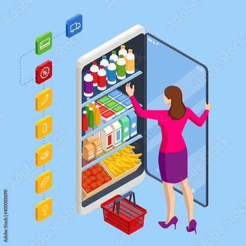 Isometric Grocery Supermarket, Food and Eats Online Buying and Delivery. E-commerce concept order food online website. Health food delivery online service.