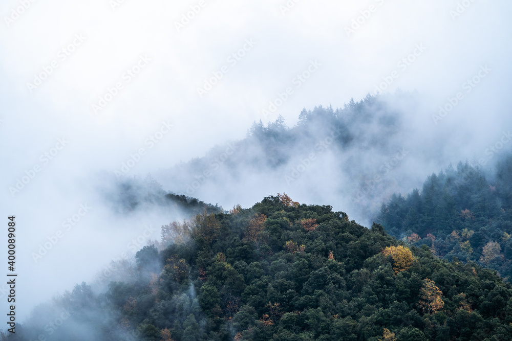 Mountainous winter landscape with fog and clouds. Mysterious, calm and relaxing landscape that brings peace. nature background with blank space for text.