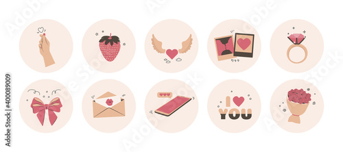Valentine's Day, February 14, love, wedding. Highlights covers, posts and stories for social media. Round badges in beige, pink and brown colors. Vector flat cute illustrations for blogging and design