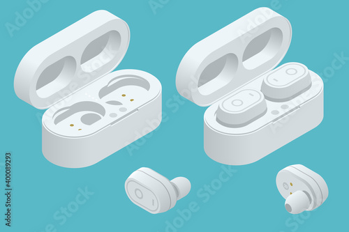 White Wireless Earphones and Case isolated on a white background. Bluetooth headphones in isometric design. Bluetooth headphones for listen audio