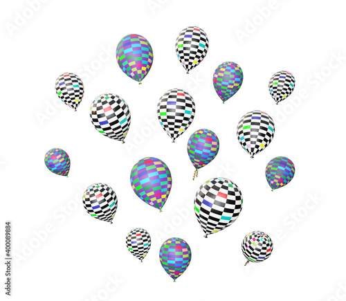 many flying beautiful Checkered Balloons isolated on white, 3d render