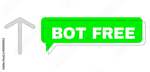 Misplaced Bot Free green chat balloon and arrow up mesh composition. Vector 2d arrow up, designed with polygonal grid. Green chat includes Bot Free text inside black contour, and colored balloon.