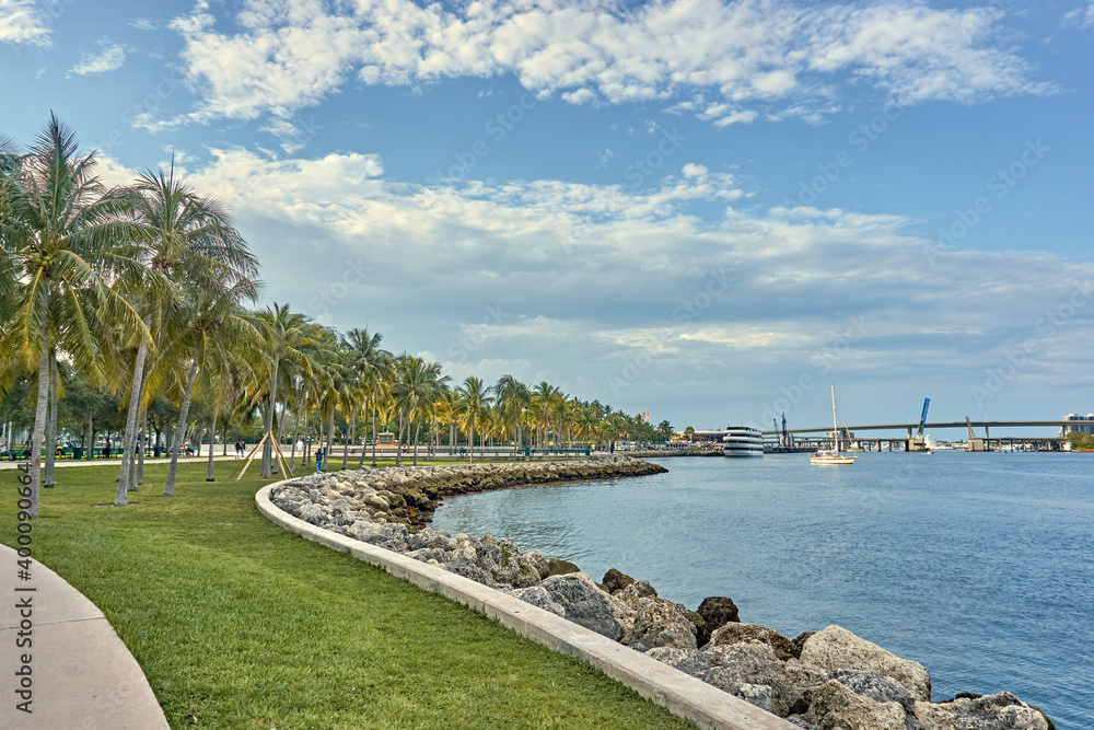 Bayfront park with a beautiful view of the sea and the port of Miami