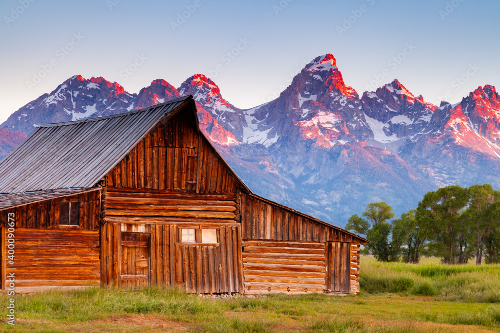 Mormon Row in Grand Teton National Park in Wyoming at dawn Mormon Row in Grand Teton National Park in Wyoming at dawn