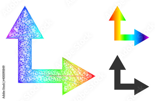 Spectrum colored net bifurcation arrow right up, and solid spectrum gradient bifurcation arrow right up icon. Crossed frame flat net geometric symbol based on bifurcation arrow right up icon,