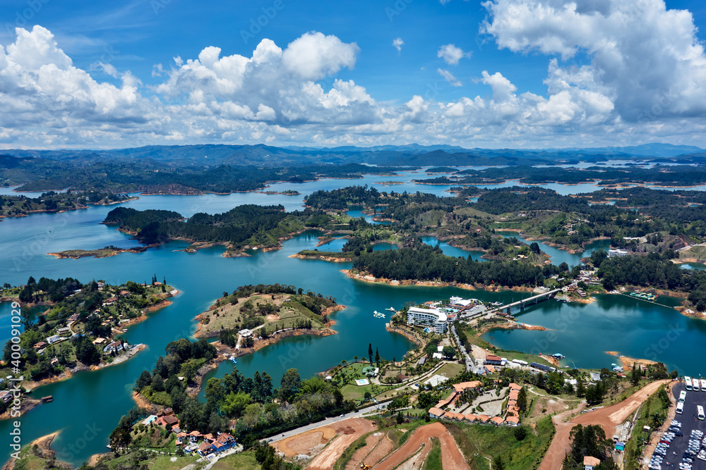 View of the Guatape reservoir from the Penol stone where you can climb stairs