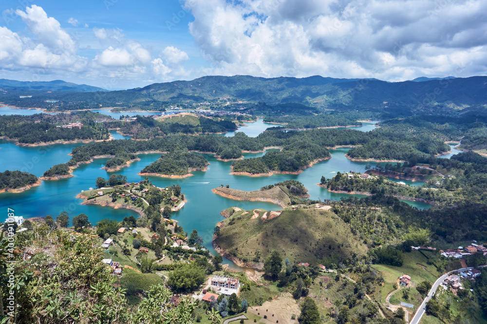 View of the Guatape reservoir from the Penol stone where you can climb stairs