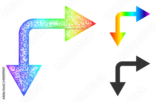 Spectrum vibrant wire frame bifurcation arrow right down, and solid spectrum gradient bifurcation arrow right down icon.