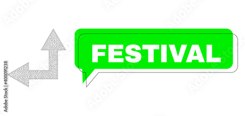 Misplaced Festival green chat speech shape and bifurcation arrow left up mesh structure. Vector flat bifurcation arrow left up, built from flat mesh.