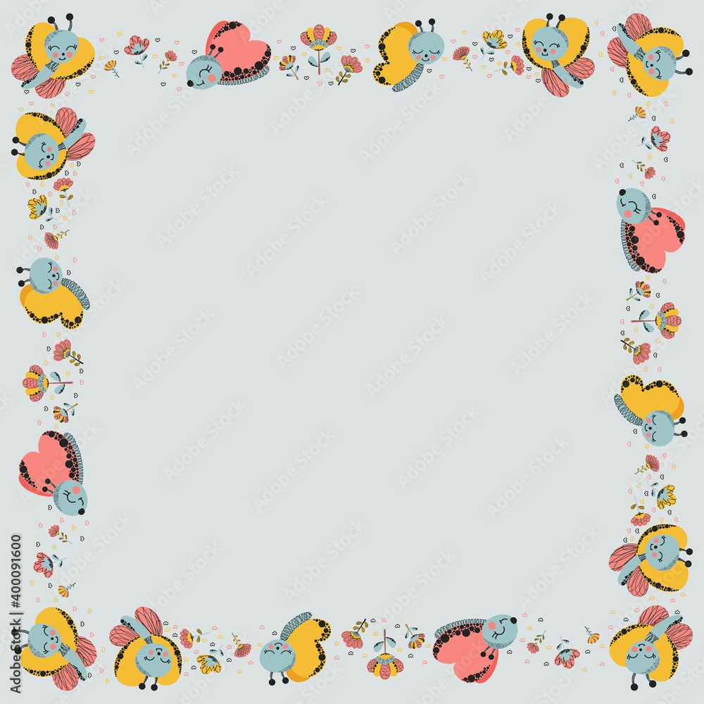 Square frame made of cute cartoon funny characters of butterflies, abstract flowers and doodles of hearts on a gray background. Summer stylish isolated template with place for text. Copy space. Vector
