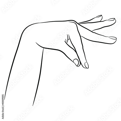 Beautiful, female hand in elegant pinch gesture. Blck and white linear silhouette.
