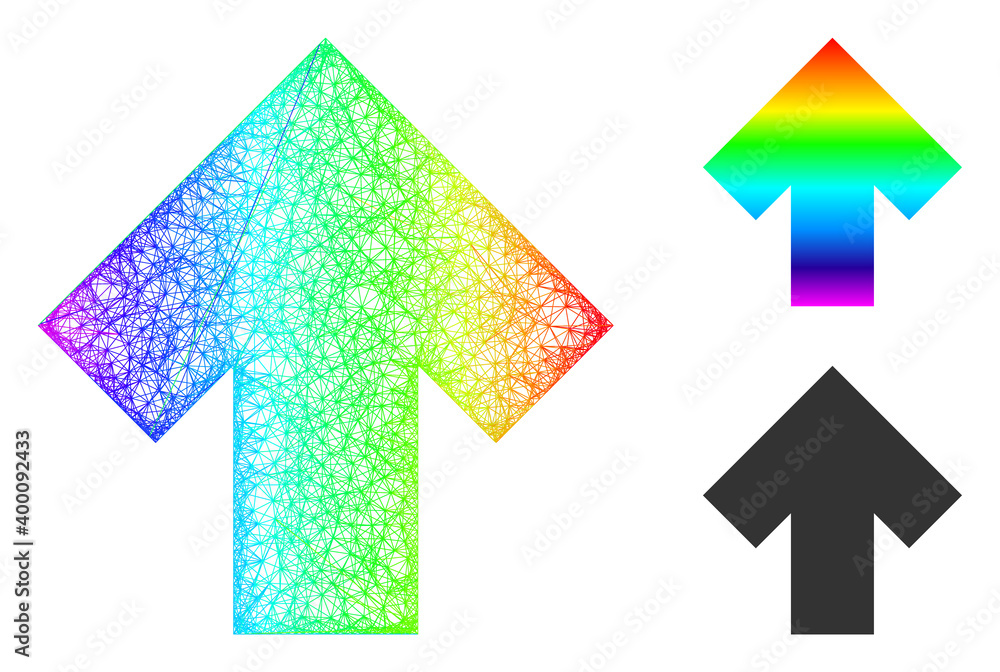 Spectral vibrant network arrow up, and solid spectral gradient arrow up icon. Wire carcass flat network abstract image based on arrow up icon, made from intersected lines. Spectral vibrant network arrow up, and solid spectral gradient arrow up icon. Wire carcass flat network abstract image based on arrow up icon, made from intersected lines.