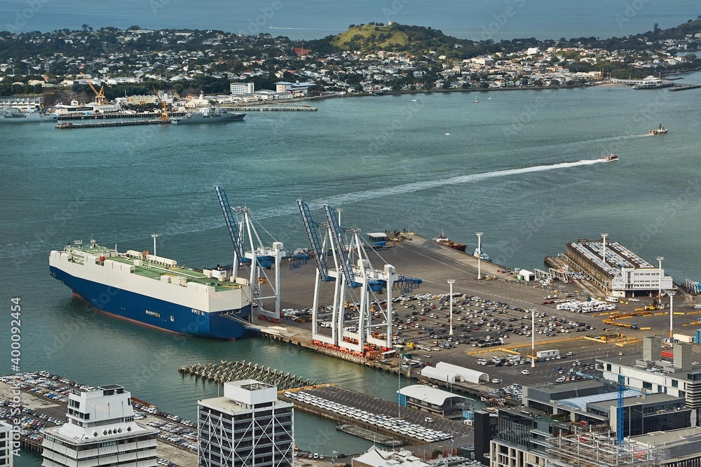 Auckland, New Zealand, Insustrial docks with ship for importing cars