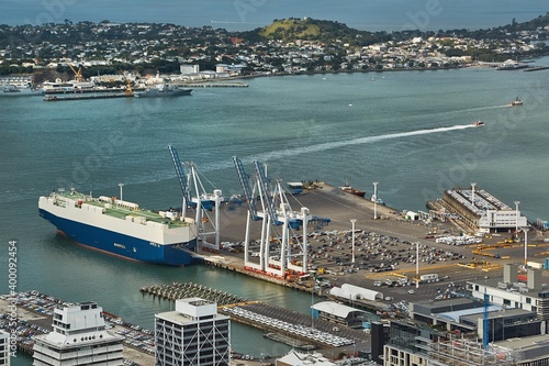 Auckland, New Zealand, Insustrial docks with ship for importing cars © Gudellaphoto