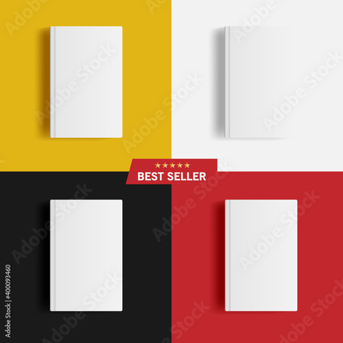 Set Mockup Of Blank Hardcover Books On Yellow, White, Black And Red Background. Best Seller Text And Five Pointed Stars. Template And Graphic Resources For Your Design. Vector Illustration EPS10