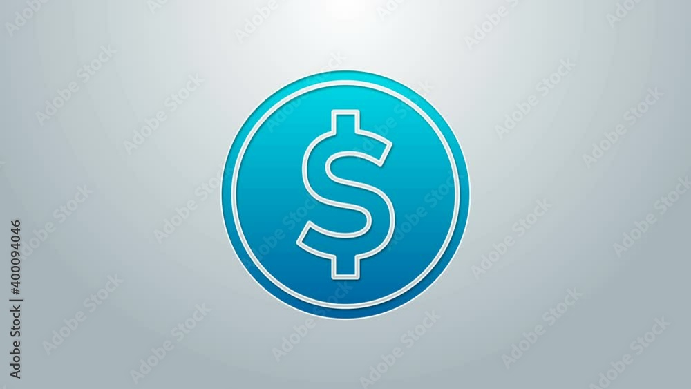 Blue line Coin money with dollar symbol icon isolated on grey background. Banking currency sign. Cash symbol. 4K Video motion graphic animation Blue line Coin money with dollar symbol icon isolated on grey background. Banking currency sign. Cash symbol. 4K Video motion graphic animation