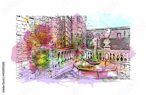 Building view with landmark of Ciudad Obregon is the
City in Mexico. Watercolour splash with hand drawn sketch illustration in vector. photo