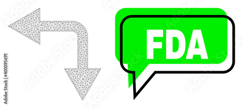 Misplaced FDA green phrase frame and bifurcation arrow left down mesh model. Vector flat bifurcation arrow left down, designed with flat mesh. Green chat contains FDA caption inside black frame,