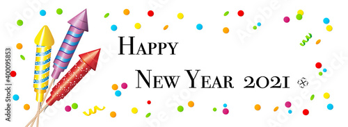 Silvester Banner, Glückwunschkarte für das Neues Jahr 2021 in englisch,
mit Raketen und Konfetti,
Vektor Illustration isoliert auf weißem Hintergrund
