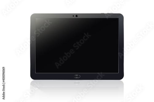 Front View Of A Modern Black Tablet Isolated On White Background. Realistic Editable Vector Illustration. Concept: New Tech, MockUp And Graphic Resources For Advertising
