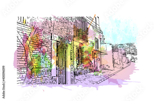 Building view with landmark of Ciudad Obregon is the
City in Mexico. Watercolour splash with hand drawn sketch illustration in vector. photo