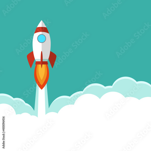 Rocket launches in space flying over white fluffy clouds and turquoise background with copy space for design or text. Flat style design vector