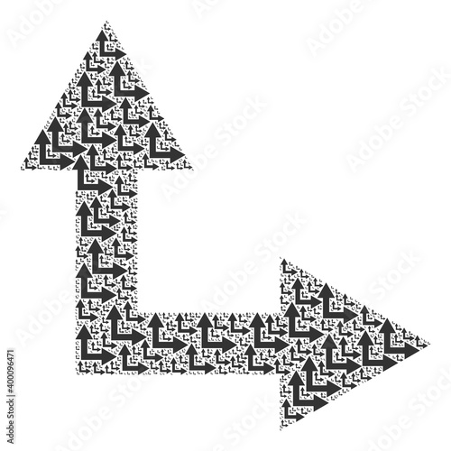 Repeating collage for bifurcation arrow right up. Flat vector bifurcation arrow right up composition is designed of repeating self bifurcation arrow right up pictograms.
