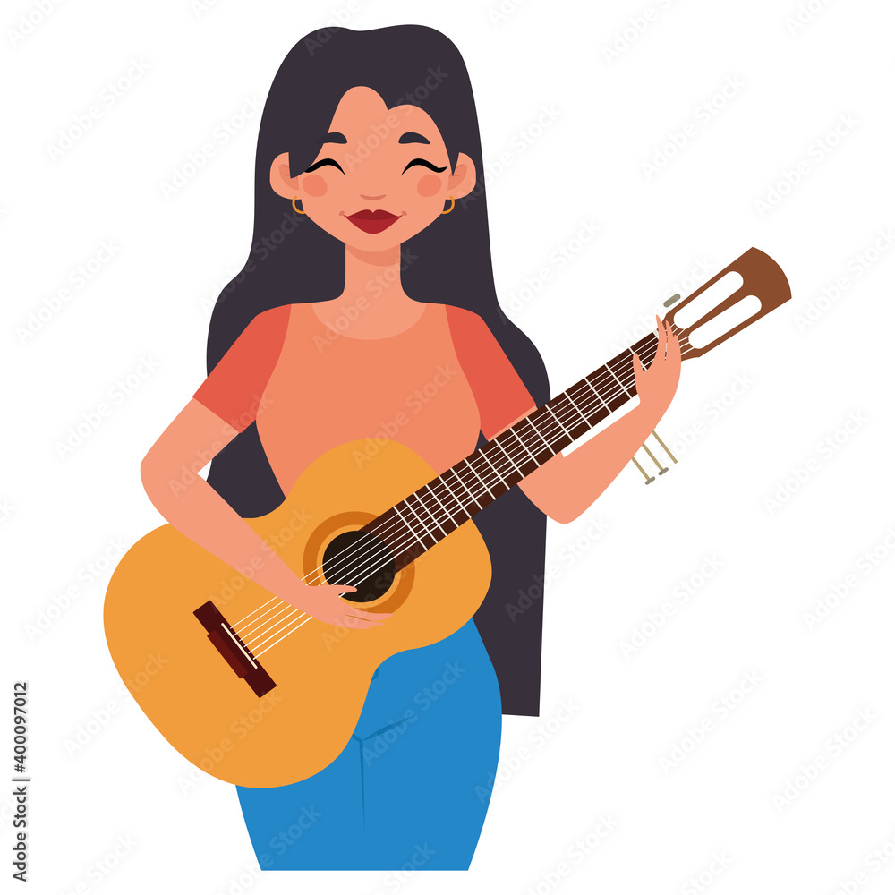 Obraz premium Isolated girl black head with guitar hygge style icon - Vector