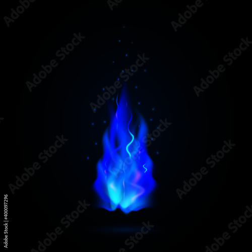 Burning magic fire blue flame on black background. Vector transparent realistic bonfire fireball with special burning light effect with sparks. Translucent elements for game design and decoration