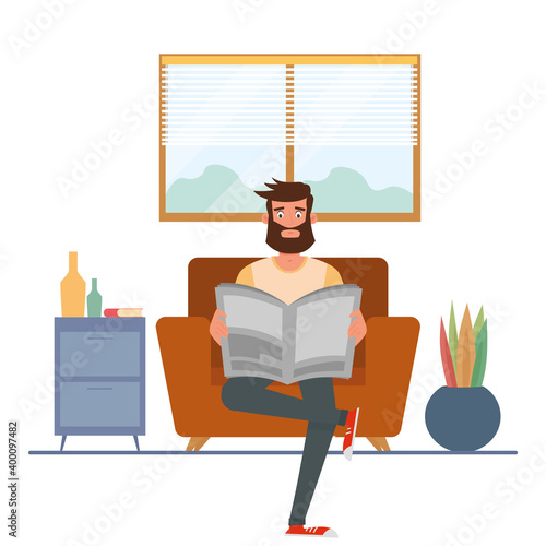 Man in linving room hygge style design ilustration - Vector photo