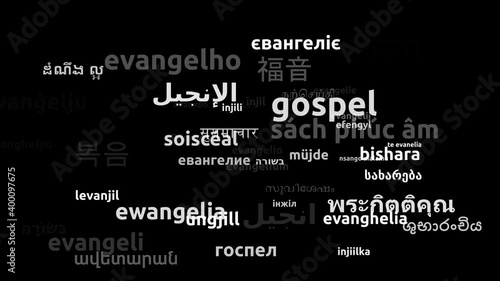 Gospel Translated in 51 Worldwide Languages Endless Looping 3d Zooming Wordcloud Mask